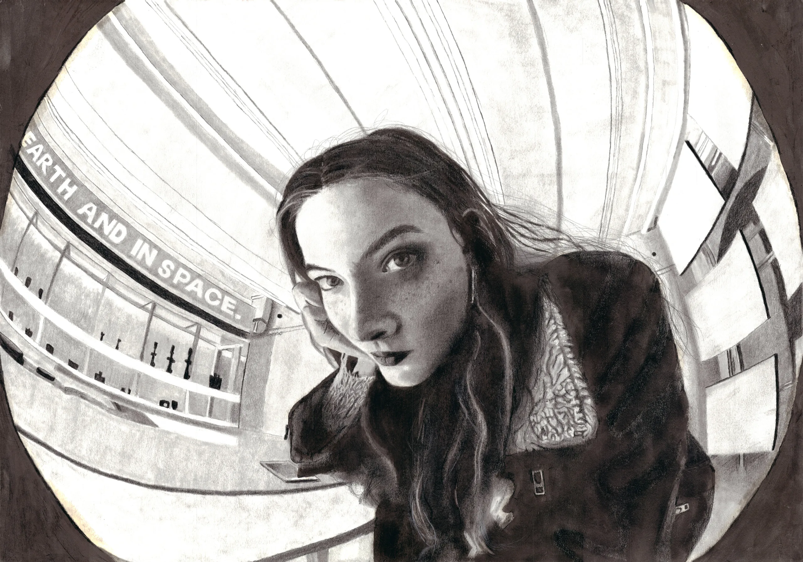 A charcoal drawing by Annelies: a young woman leaning in close to the viewer, drawn as though through a fisheye lens, inside the domed rotunda of a museum.